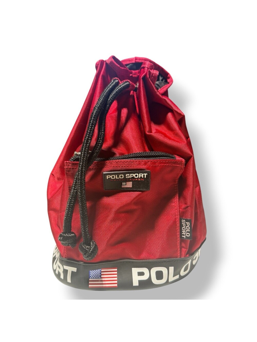 Vintage 90s Polo Sport Ralph Lauren Bucket Backpack Red USA Flag Drawstring